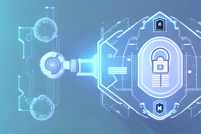 A robotic arm with a shield and a lock to represent safe and secure automation