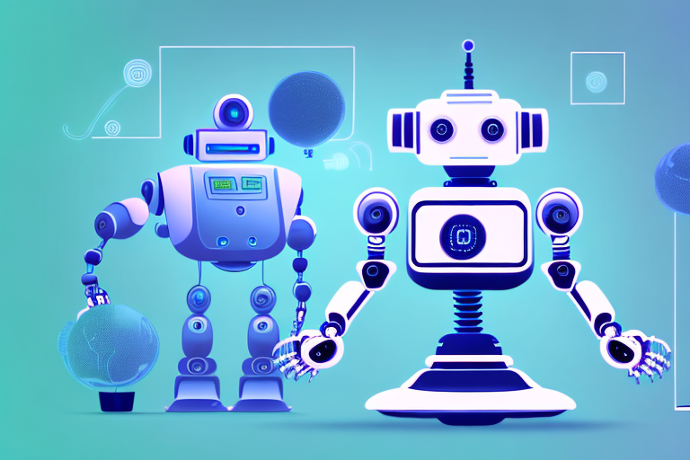 A robot surrounded by a futuristic tech landscape