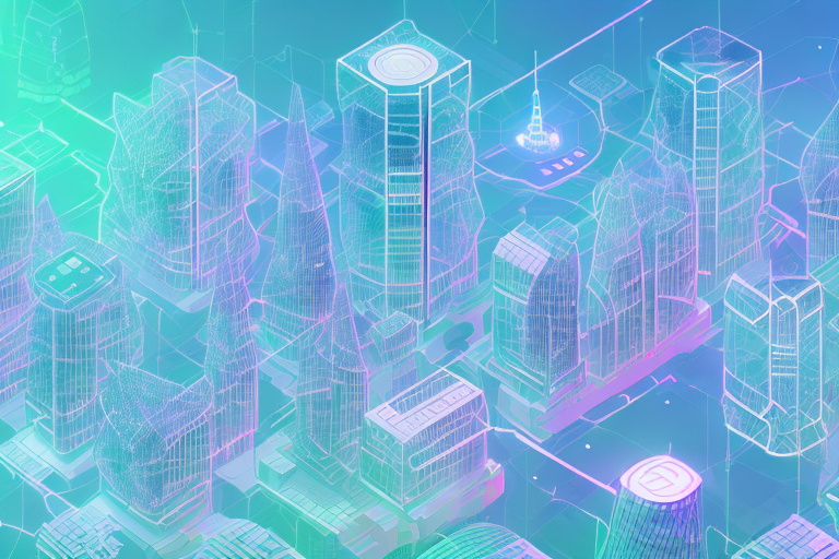 A futuristic cityscape with a blockchain network connecting the buildings